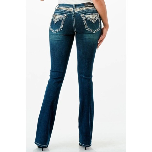 Grace in LA Women's Plaid Faux Flap Pockets Embroidered Stretch Bootcut Jeans - Picture 3 of 3